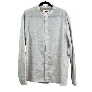 Joseph Abboud‎ Mens Linen Blend Shirt Stripe Collarless Button Beige White Sz XL